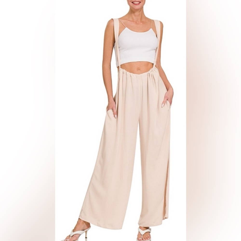 NWT! Woven Tie Back Suspender Pants with Pockets in Sand Beige